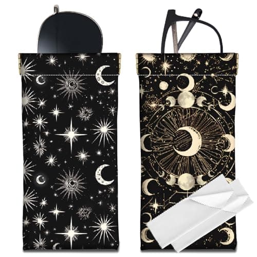 Image of CREATCABIN 2Pcs Black Glasses Case Slim Leather Sunglasses Case Bags Moon Star Eyeglasses Holder Pouch Travel Portable Squeeze Waterproof with Soft Cleaning Cloth Gift for Women Men Halloween 7x3.5in