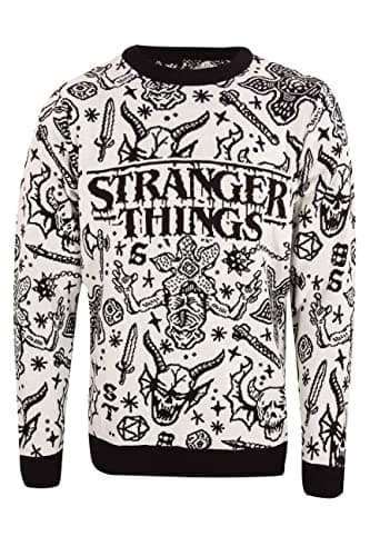 Image of Stranger Things Christmas Jumper Hellfire Club Collage Unisex Ugly Sweater XXL White