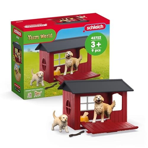 Image of SCHLEICH Farm World - 6pc Toy Dog Kennel Play Set with Golden Retrievers for Kids. Farm Animal Toys for Boys and Girls. Fun Dog House and Puppy Figure for Screen-Free Play for Children Ages 3+ 42722