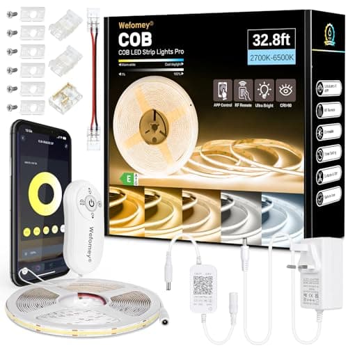 Image of Wefomey COB LED Strip Light White, Dimmable 2700K-6500K High Density 6080LEDs 24V Flexible LED Tape Light with Remote and APP Control, for Under Cabinet Bedroom Kitchen DIY Lighting,1 Rolls of 10M