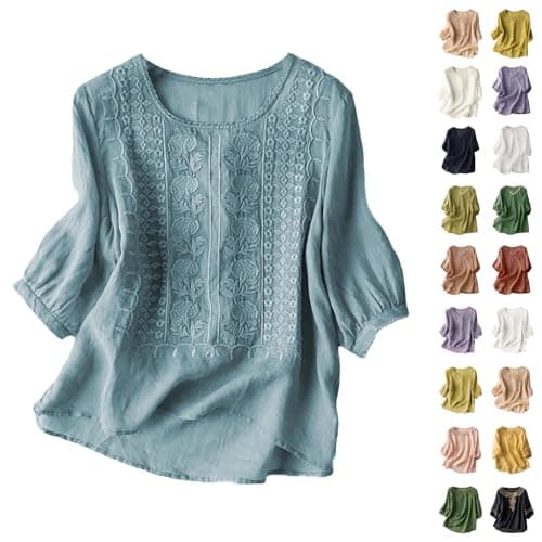 Image of Angxiwan Linen Tops for Women UK Plus Size 22-24 Linen Tops for Women UK Plus Size Short Sleeve Tunic Blouse Retro Jacquard T-Shirts Baggy Loose Fit Shirt Lightweight Flowy Peplum A Blue