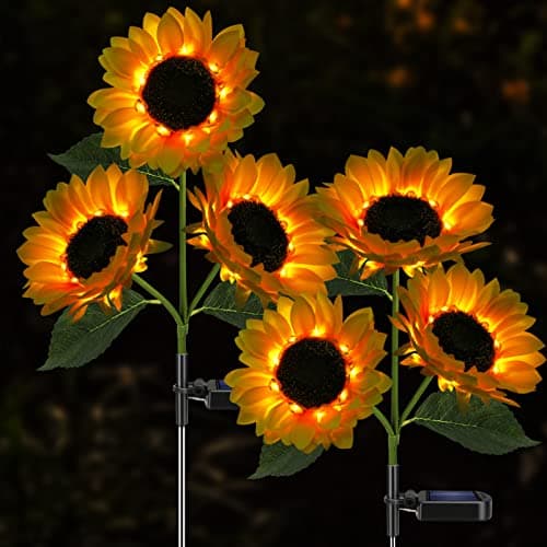 Image of Meagoo Solar Sunflower Lights, 800mA Outdoor Waterproof Solar Stake Lights for Back Yard, Flower Bed, Pathway, Patio, Porch, Spring Decoration (2 Pack)