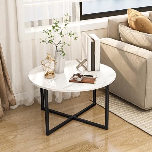 Image of BOFENG Round Coffee Table Tea Table End Table Sofa Table for Living Room with Metal Legs,Black+White