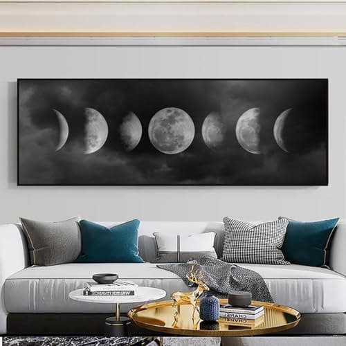 Image of UGZDEA Moon Phases Canvas Poster, Abstract Minimalist Black White Moon Phases Canvas Painting, Living Room Bedroom Decoration Picture without Frame(A,50x150cm)