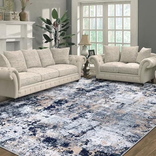 Image of Capslpad Navy Blue Abstract Area Rug 160x230cm Modern Short Pile Soft Faux Wool Living Room Rug Washable Indoor Rug Non Slip Minimalist Floor Mat Rugs for Living Room Bedroom Office Area Kitchen Decor
