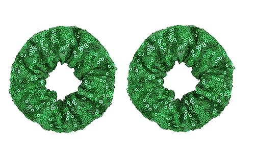 Image of ZOONAI Women Teen Girls Sequins Satin Scrunchies Hair Accessories Elastic Sparkly Hair Ponytail Holder Hair Tie - Set of 2 (Green)