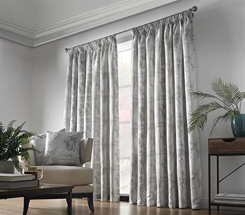 Image of Alan Symonds Fiji Silver Pencil Pleat Taped Top Curtains Pair Fully Lined Floral 66" x 54"