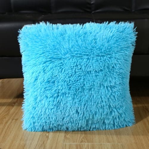 Image of Morbuy Solid Colour Sofa Cushions with Covers, 45x45cm Plush Cushions Sets, Bouncy Fluffy Square Throw Pillows for Sofas, Beds, Swing, Cars (Sky Blue,45x45cm)