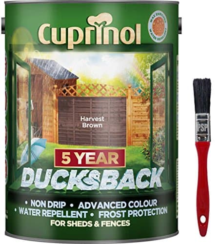 Image of New 2020 Cuprinol Ducksback Shed & Fence Paint 5 Litre Harvest Brown. Non Drip, Water Repellent and Frost Defence. Protection for 5 Years. Includes PSP Touch up Brush.