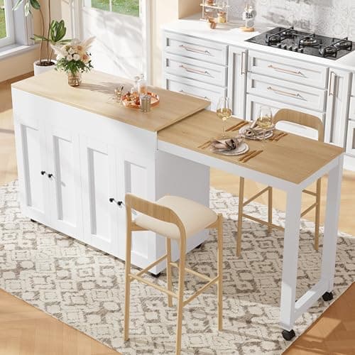 Image of BTM Mobile Kitchen Island with Breakfast Bar, Extendable Bar Table Extending Dining Table with Storage for Dining Room, White