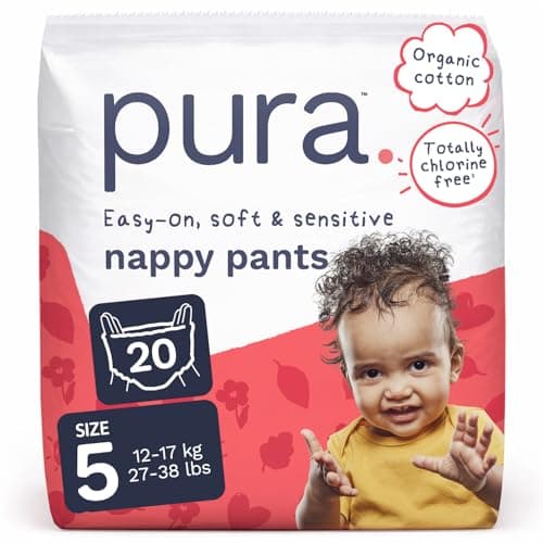 Image of Pura Nappy Pants Size 5, 20 Count, 12-17kg, 360° Stretch Fit, Potty Training Pants for Hypoallergenic & Sensitive Skin, Up to 12 Hours Overnight Leak Protection, Totally Chlorine Free