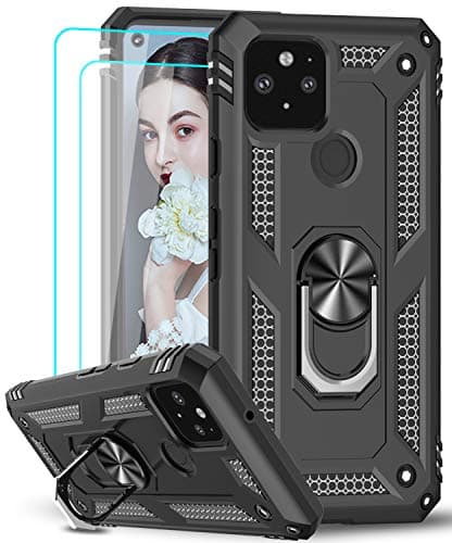 Image of LeYi for Google Pixel 5 Case and 2 Tempered Glass Screen Protector,Ring Holder Military Grade Protective Silicone Shockproof Tough Armor Hard Mobile Phone Cover for Google Pixel 5 Black