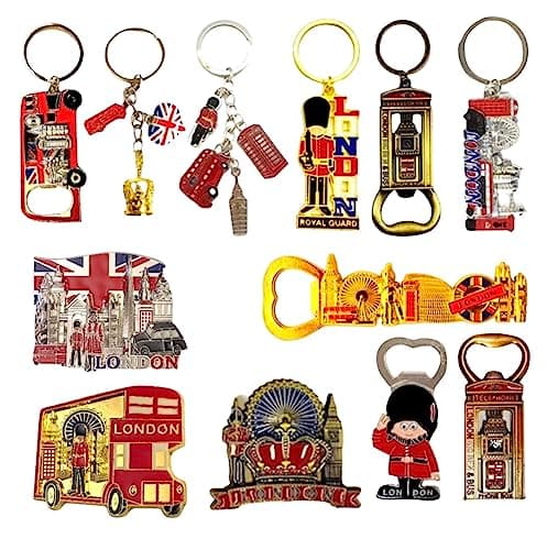 Image of Generic 12 London Souvenirs Keyrings Magnets - British Souvenir Metal Magnet Keychain - Union Jack Key Ring Magnet UK Fridge Magnet Bottle Opener Keychain