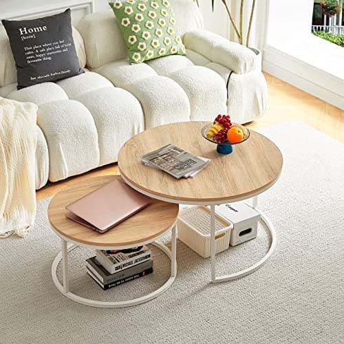 Image of buybyroom Round Coffee Table for Living Room, Round Nest of Tables, Light Oak Coffee Table Set of 2, Suitable for Living Room, Bedroom and Balcony, White Frosted Iron Frame, oak