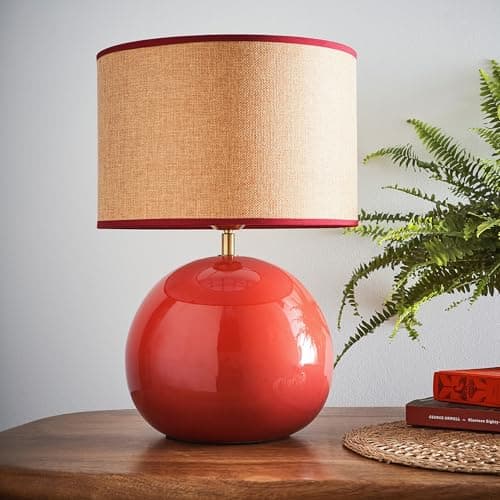 Image of Lata Ceramic Table Lamp – 44cm | Glossy Glazed Base with Textured Fabric Shade – Available in Blue, Green & Red (Red)