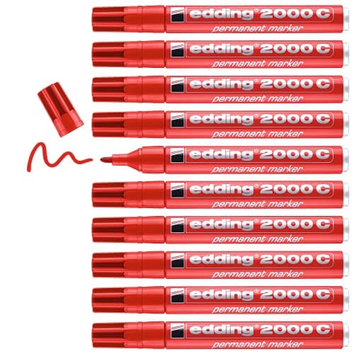 Image of edding 2000 C permanent marker - red - box of 10 - round nib 1.5-3 mm - quick-drying permanent markers - waterproof, smudge-proof - for cardboard, plastic, wood, metal, fabric - marker pen