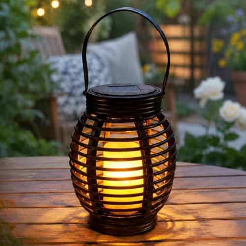 Image of Festive Lights - Solar Powered Black Rattan Effect Lantern - 21cm Garden Candle Cage Lantern, Warm White Flickering Flame LED, Outdoor Hanging Tabletop Patio & Decking Decoration, IP44 Waterproof
