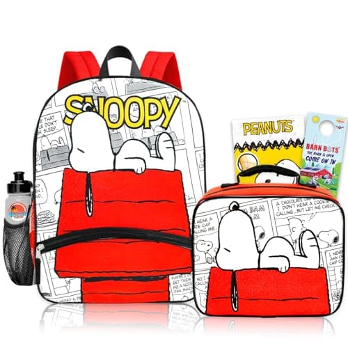Image of Snoopy Backpack with Lunch Box - Bundle with 16” Peanuts Backpack and Lunch Box Plus Water Bottle, Tattoos, More | Snoopy School Bag for Kids