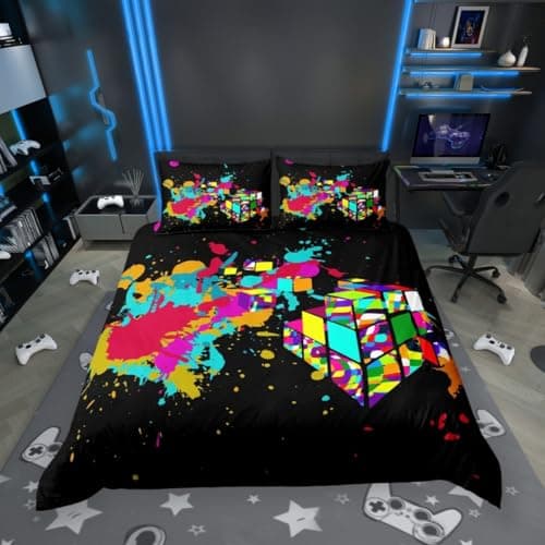 Image of feelingyou Watercolor Graffiti Duvet Cover Single, Tie Dye Colorful Rubik Pattern Bedding Set, Hippie Style Boys Girls Bedroom Decorative Comforter Cover and 1 Pillowcase, Black