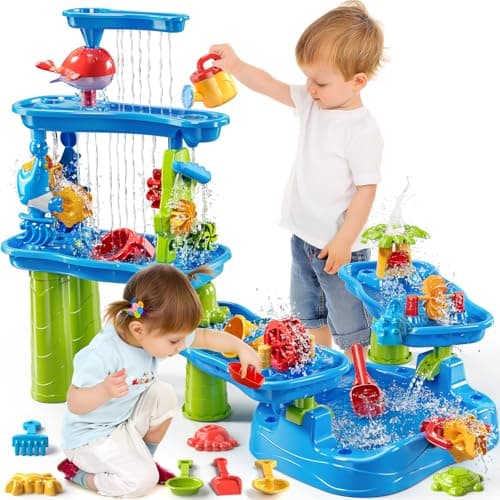 Image of DULONIME 5-Tier Sand and Water Table Toys for Kids Aged 3 4 5 6 7 8, Water Waterfall Sensory Play Table with Beach Toys Accessories, Outdoor Activity Playset for Toddlers 2-4 3-5 4-6, Birthday Gifts