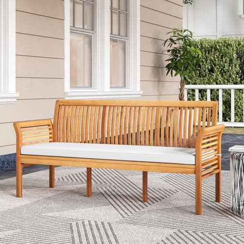 Image of SFAREST 3-Seater Garden Bench, All-Weather Acacia Wood Patio Bench Chair with Removable Seat Cushion, Outdoor Slatted Leisure Porch Seating for Balcony Poolside Backyard