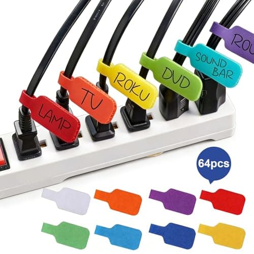 Image of 64 Pcs Cable Labels Tags Write on with 8 Colors Cable Tags, Self-Adhesive Plug Wire Labels, Hook and Loop Fastener, Reusable Cable Markers for Cord Management and Identification
