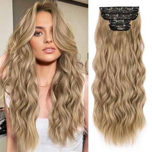 Image of JIAMEISI Clip in Hair Extensions 4PCS Full Head Long Wavy Hair Extensions Synthetic Fiber 22 Inch 200g Clip in Thick Hairpieces for Women/Girls (#22 Dark Golden Mixed Beige Blonde)