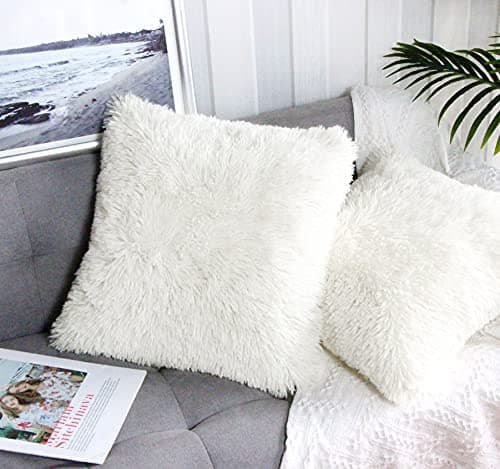 Image of Uhomy 2 Packs Cream Fluffy Plush Pillow Cover 22"x22", Luxury Cream White Super Soft Fuzzy Artificial Fur Throw Pillow Case Cushion Cover for Sofa Bed, Cream 55x55 cm, Fall Winter Home Decorative