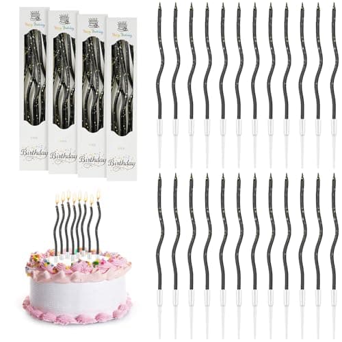 Image of URAQT 24 Pcs Twisty Birthday Candles, Spiral Birthday Candles in Holders, Metallic Long Thin Cupcake Candles for Birthday Wedding Baby Shower Party Decoration Graduation (Black Gold)