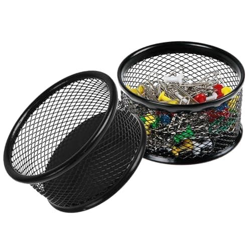 Image of Paper Clip Storage Bucket,Black Metal Paper Clip Holder Mesh,Paperclip Bowl Binder Clip Dispenser Desk Bobby Pin Container Organizer for Home Office Classroom School Desk Supplies Holders(9x9x4 cm)