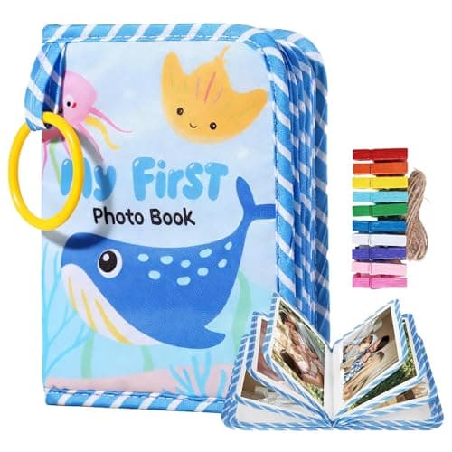 Image of My First Baby Photo Album – Soft Fabric Book Holds 17 Photos, Includes Mirror & 10PCS Colored Mini Clips with Jute String – Ocean Animal Theme Unisex Kids' Memory Keepsake Gift