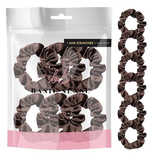 Image of Basic Sense Skinny Satin Hair Scrunchies for Fine Hair, Snag-Free, Strong Hold, A set of 6pcs, Dark Brown