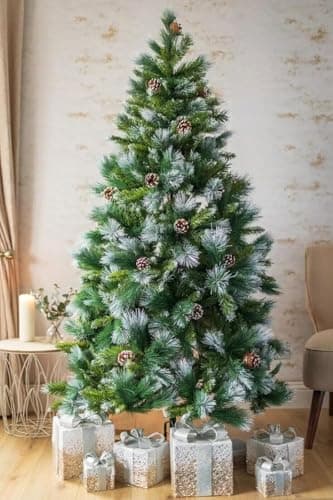 Image of Marco Paul 6ft Frosted Glacier Green Artificial Christmas Tree – 620 Tips, 180cm Snow-Flocked Christmas Tree with Pine Cones - Luxury Realisting Xmas Tree with Metal Stand for Easy Display