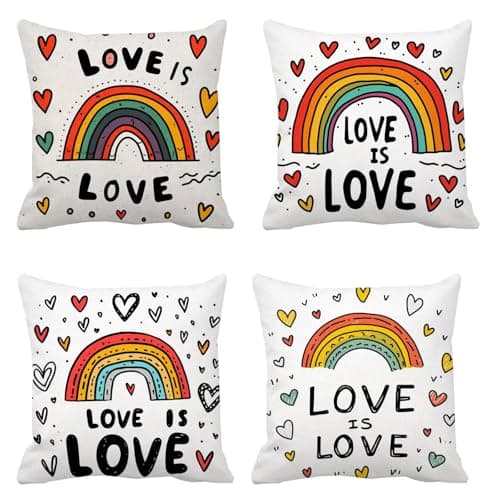 Image of Set of 4 Rainbow Cushion Covers 35cm x 35cm, Linen Love Outdoor Cushions, Room Decor Sofa Cushions, Square Decorative Pillows Applicable to Livingroom Bedroom or autumn Festival Gifts. B-48