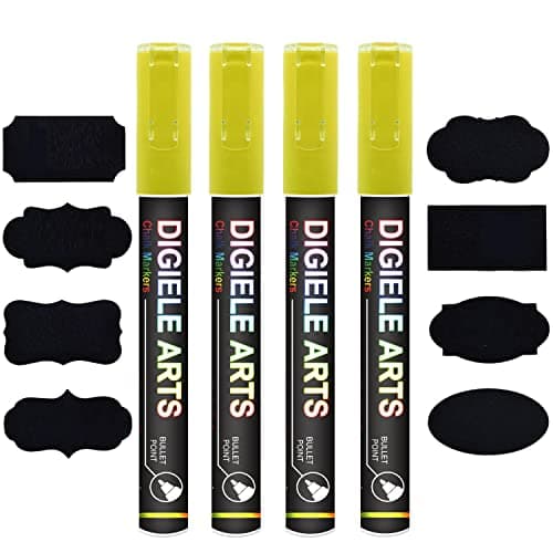 Image of Yellow Chalk Marker Pens, DIGIELE 3mm Yellow Liquid Pen Markers, Dry or Wet Wipe Erase, Reversible Bullet or Chisel Tip for Blackboard, Whiteboard, Window & Glass, 4 Pens & 16 Chalkboard Labels Packed