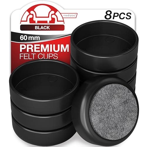Image of Medipaq Felt Castor Cups – 8x Large 60mm Black – Protects Wooden & Smooth Floors – Chair & Furniture Leg Protectors