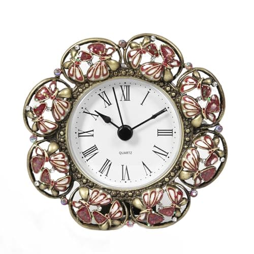 Image of bordorsse Mini Tabletop Clock, Decorative Vintage Floral Metal Table Clock with Battery Operated for Bedside, Table, Living Room, Home and Office