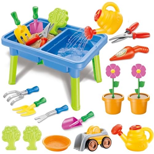 Image of deAO Sand and Water Table Sand Pit with Garden Tools, Flower Planting Set, Fun Beach Toy for Creative Play Summer Outdoor Beach Garden Toy Gifts for Kids (Ages 3-8)
