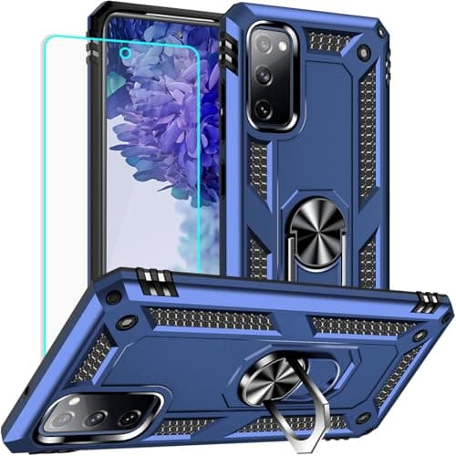 Image of for Samsung S20 FE Case with Screen Protector, Silicone Shockproof Military Grade Protective Phone Cover with Ring Kickstand Case for - Samsung Galaxy S20 FE (Blue)