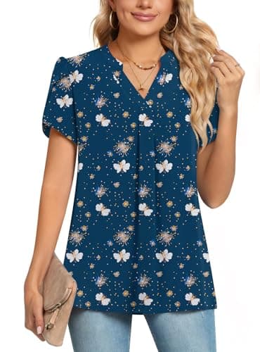 Image of POPYOUNG Womens Summer Casual Chiffon Petal Sleeves Office Blouses V Neck Business Tops Work Shirts M, Dark Green FL Butterflies