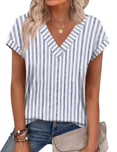 Image of Aokosor T Shirts for Women UK Ladies Summer Tops V Neck Tshirts Women Tee Shirts Short Sleeve Ladies Tops Size 14-16 Blue White Stripe