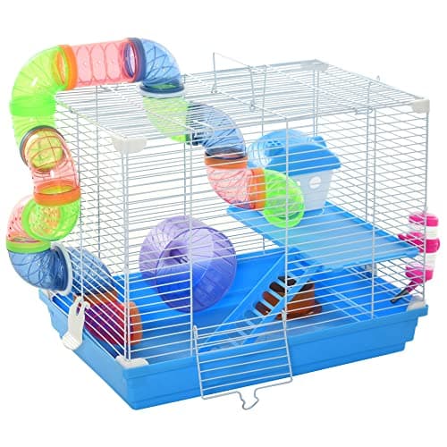 Image of Pawhut 2 Tier Hamster Cage, Gerbil Cage with Handle, Exercise Wheels, Tunnel, Tube, Water Bottle, Dishes, Ladder, for Dwarf, Blue