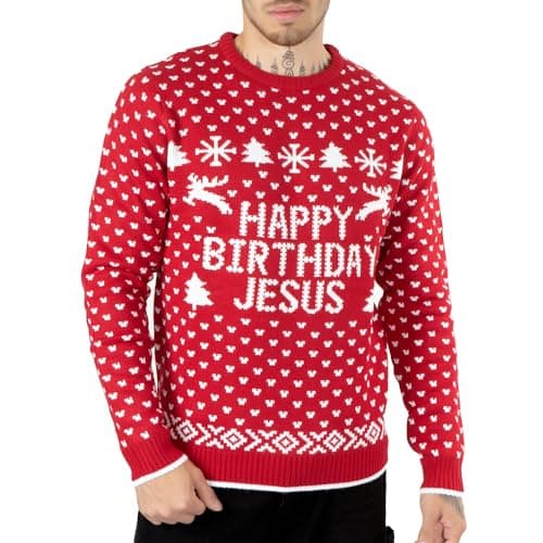 Image of NOROZE Men's Novelty Happy Birthday Jesus Merry Christmas Jumper Santa Knitted Sweater Top (XXL, Birthday Jesus Red)