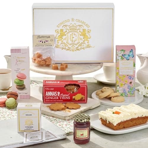 Image of Edmond & Charles Luxury Afternoon Tea Hamper | Premium Gift Box with Teas, Biscuits, Fresh Carrot Cake, Macarons, Fudge, & Jam | Set of Gourmet Birthday Treats | Hampers Presents for Women