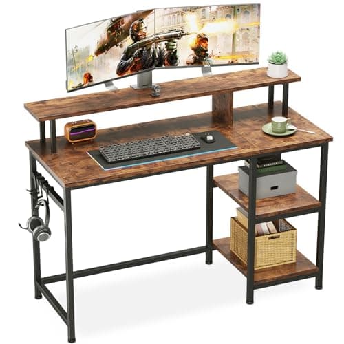 Image of Dripex Computer Desk Home Office Desk with Monitor Stand & Storage Shelves Rustic Brown Work Writing Desk Gaming Table for Small Spaces (L107.5x W48x H95cm)