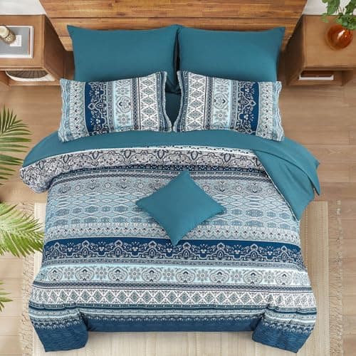Image of WONGS BEDDING Bohemian Double Duvet Cover Set Navy Blue Colorful Boho Striped Bedding Set with 2 Pillowcases Soft Microfiber Moroccan Quilt Cover 200x200cm