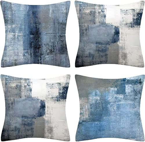 Image of QUALKNOY Set of 4 Velvet Cushion Covers 45x45 cm Navy Blue Gray Abstract Art Modern Decorative Throw Pillow Cases 18"x18" for Living Room Sofa Garden Outdoor Courtyard Home Decor Pillowcases
