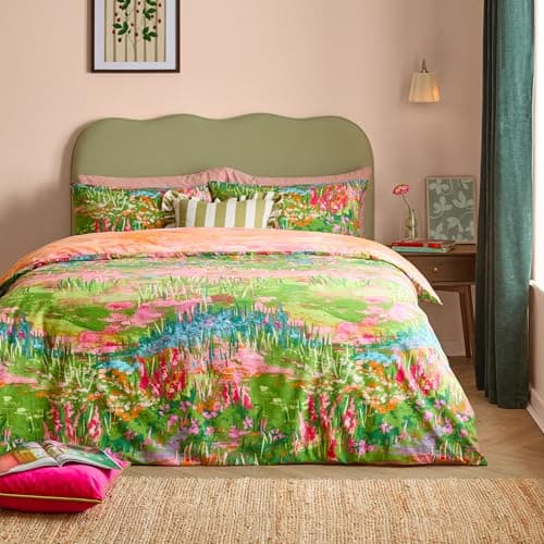 Image of furn. Meadow Escape Duvet Cover Set – Reversible Abstract Wildflower Cotton Blend Easy Care Bedding (Green/Pink - Double)