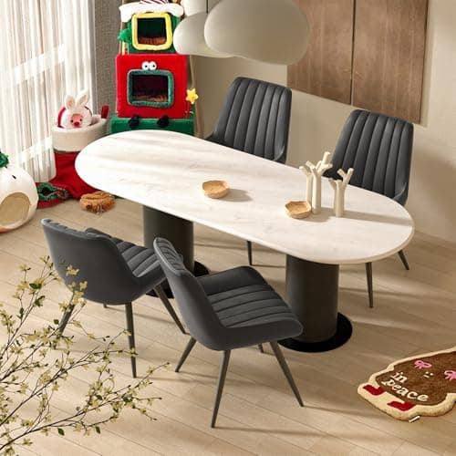 Image of Hawthyhome Dining Chairs Set of 4 |Upholstered Chairs with 10cm Thick Seat Cushion •Upholstered Fabric Dining Chair •Kitchen Chair with Backrest •Modern Armchairs with Metal Legs •Black