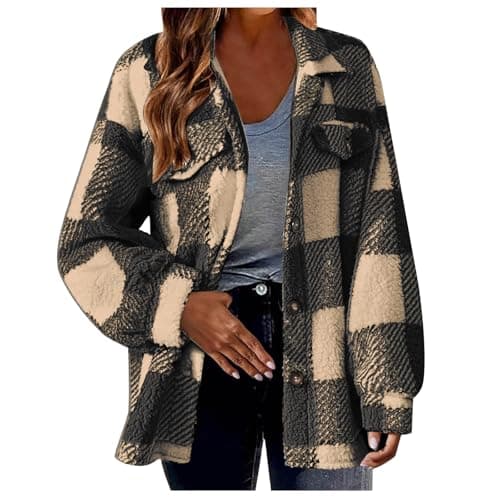 Image of Women Shacket Wool Jacket Women Button Down Checkered Thermal Thick Curved Hem Autumn Clothes Plaid Cardigan Sherpa Fleece Winter Warm Fuzzy Loose Outdoor Velvet Coat